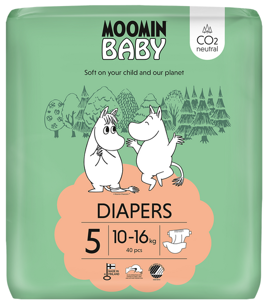 Moomin Baby size 5 diapers, pack of 40, with colorful Moomin characters on the packaging.