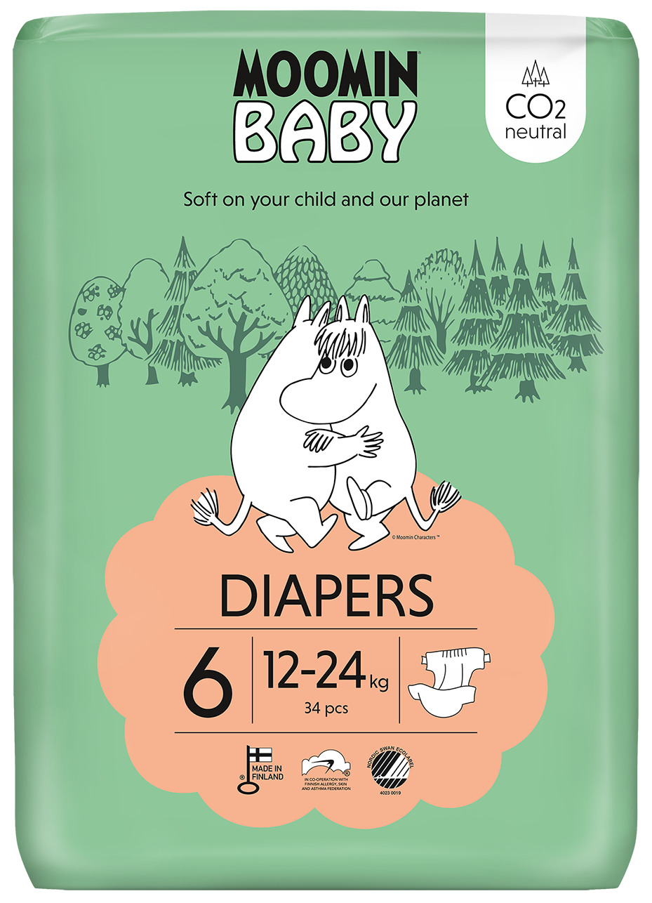 Moomin Baby size 6 diapers, pack of 34, featuring Moomin characters, soft and absorbent baby diapers for comfortable hygiene.