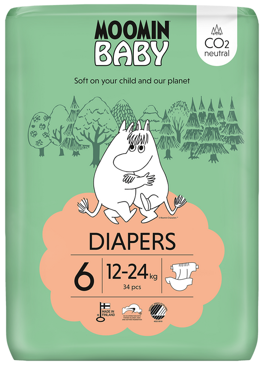 Moomin Baby size 6 diapers, pack of 34, featuring Moomin characters, soft and absorbent baby diapers for comfortable hygiene.
