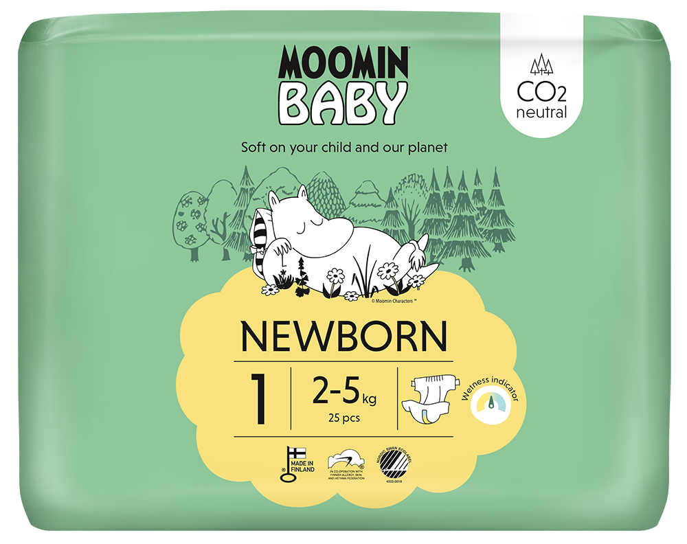 Moomin Baby size 1 diapers, pack of 25, in white with Moomin character print, for infants and newborns.