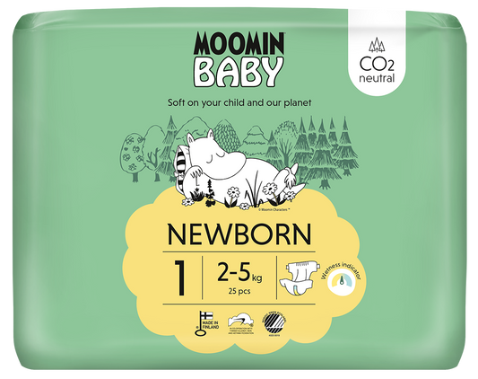Moomin Baby size 1 diapers, pack of 25, in white with Moomin character print, for infants and newborns.