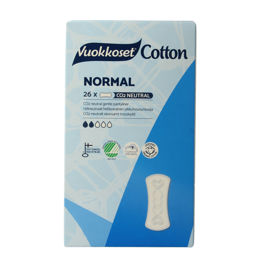Vuokkoset organic cotton panty liners, 26-pack, feminine hygiene product for women, with discreet, natural fabric design.