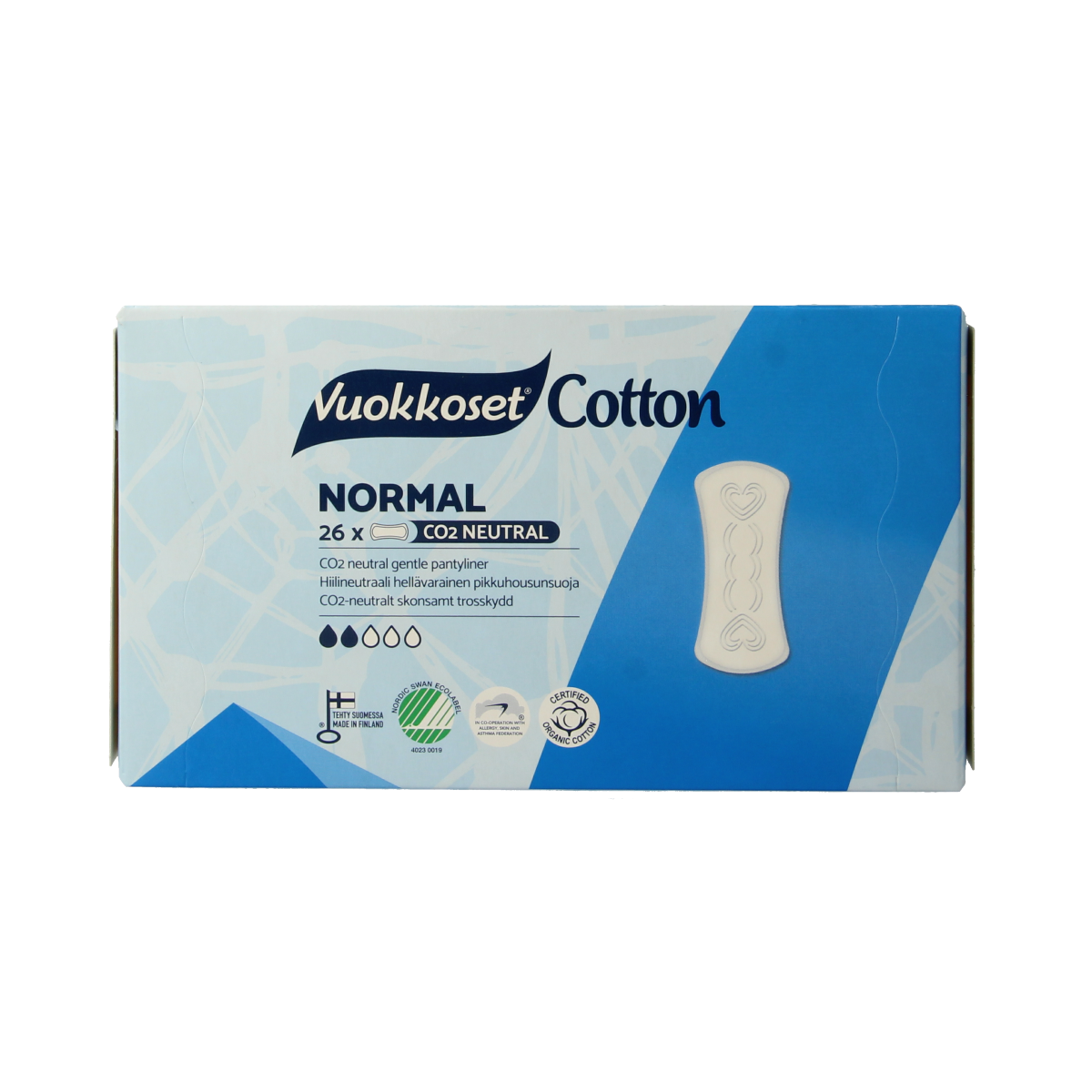 Vuokkoset organic cotton inlegkruisjes normaal, 26 stuks, damesverband en tampons, soft and breathable menstrual protection