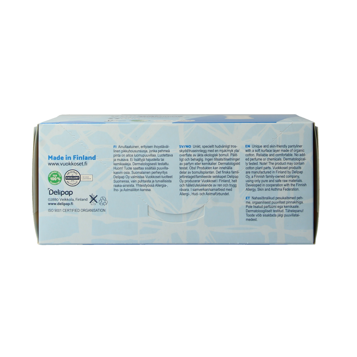 Vuokkoset organic cotton panty liners, normal absorbency, 26-pack, feminine hygiene product for women, shown in image