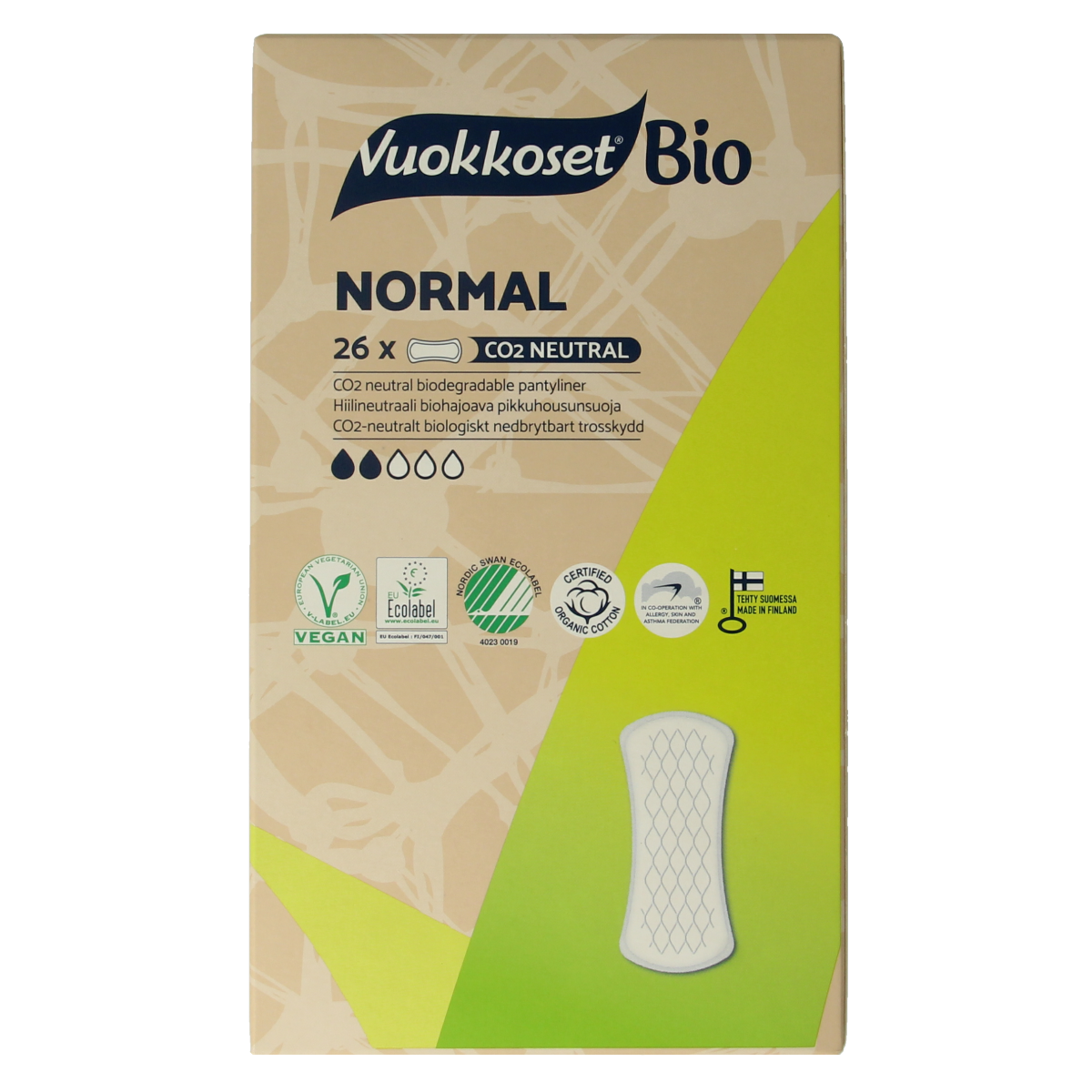 Vuokkoset normal inlegkruisjes, damesverband and tampons, 26-pack, shown in a box with individually wrapped sanitary pads.