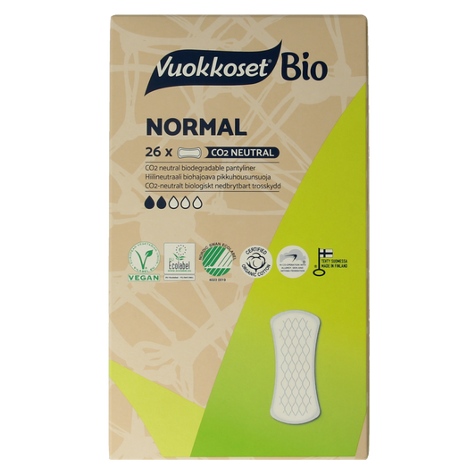 Vuokkoset normal inlegkruisjes, damesverband and tampons, 26-pack, shown in a box with individually wrapped sanitary pads.