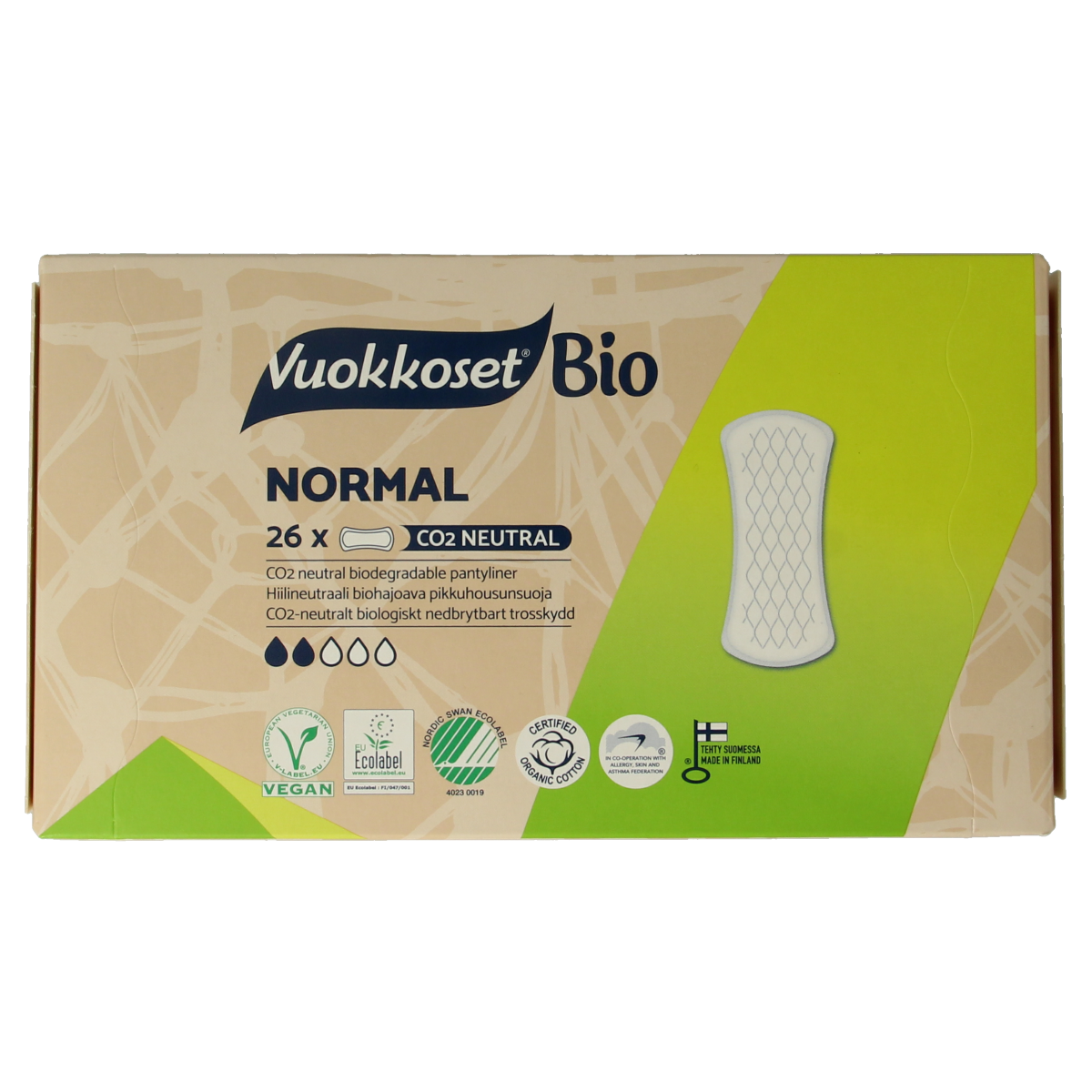 Vuokkoset damesverband en tampons, normaal inlegkruisjes, 26 stuks, feminine hygiene product on a white background.