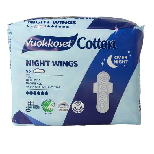 Vuokkoset Maandverband nacht wings, organic cotton, 9-pack, feminine menstrual pad for overnight comfort, women’s hygiene product