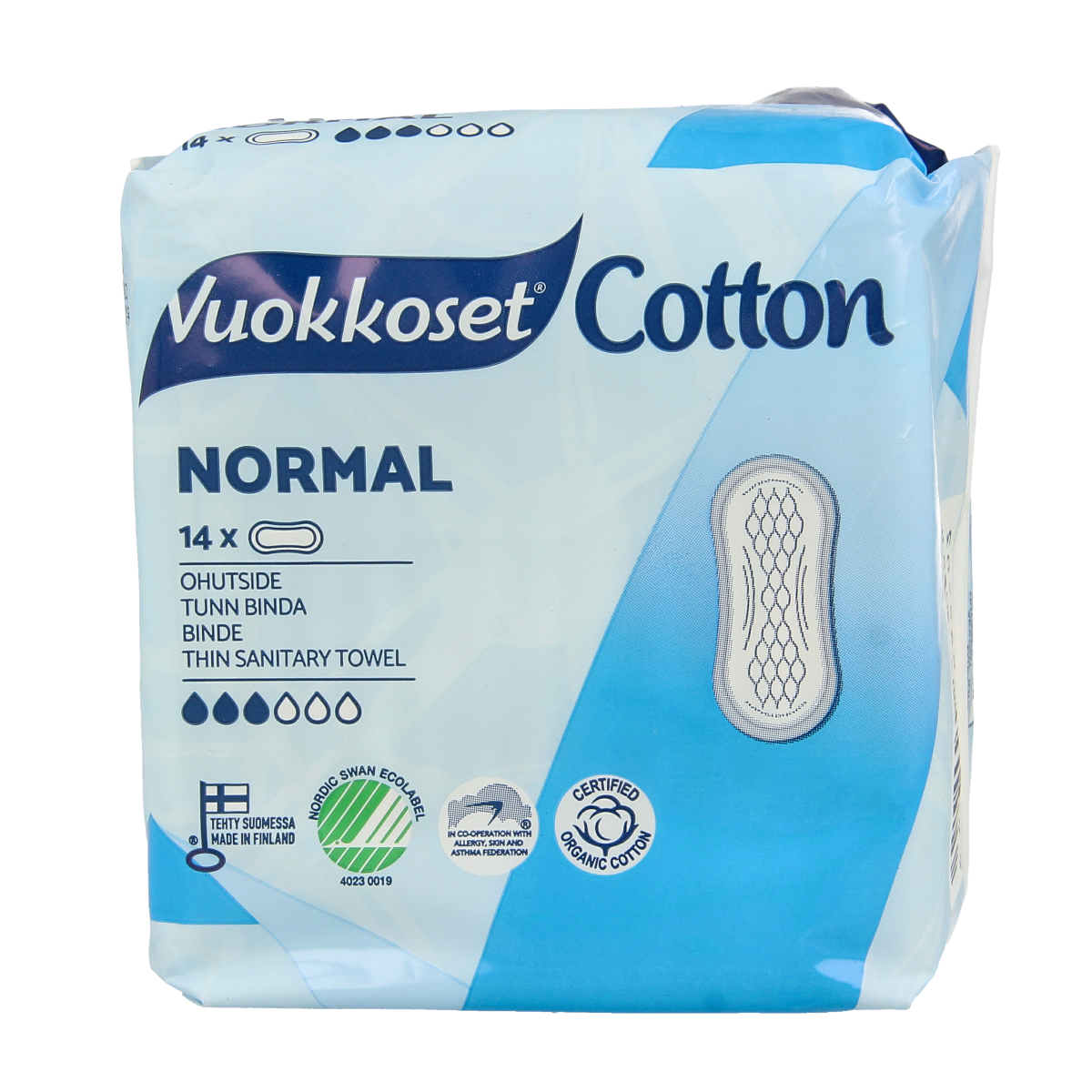 Vuokkoset organic cotton normal sanitary pads pack of 14, feminine hygiene product for women, soft and absorbent.