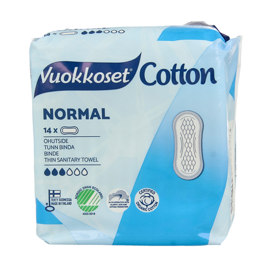 Vuokkoset organic cotton normal sanitary pads pack of 14, feminine hygiene product for women, soft and absorbent.