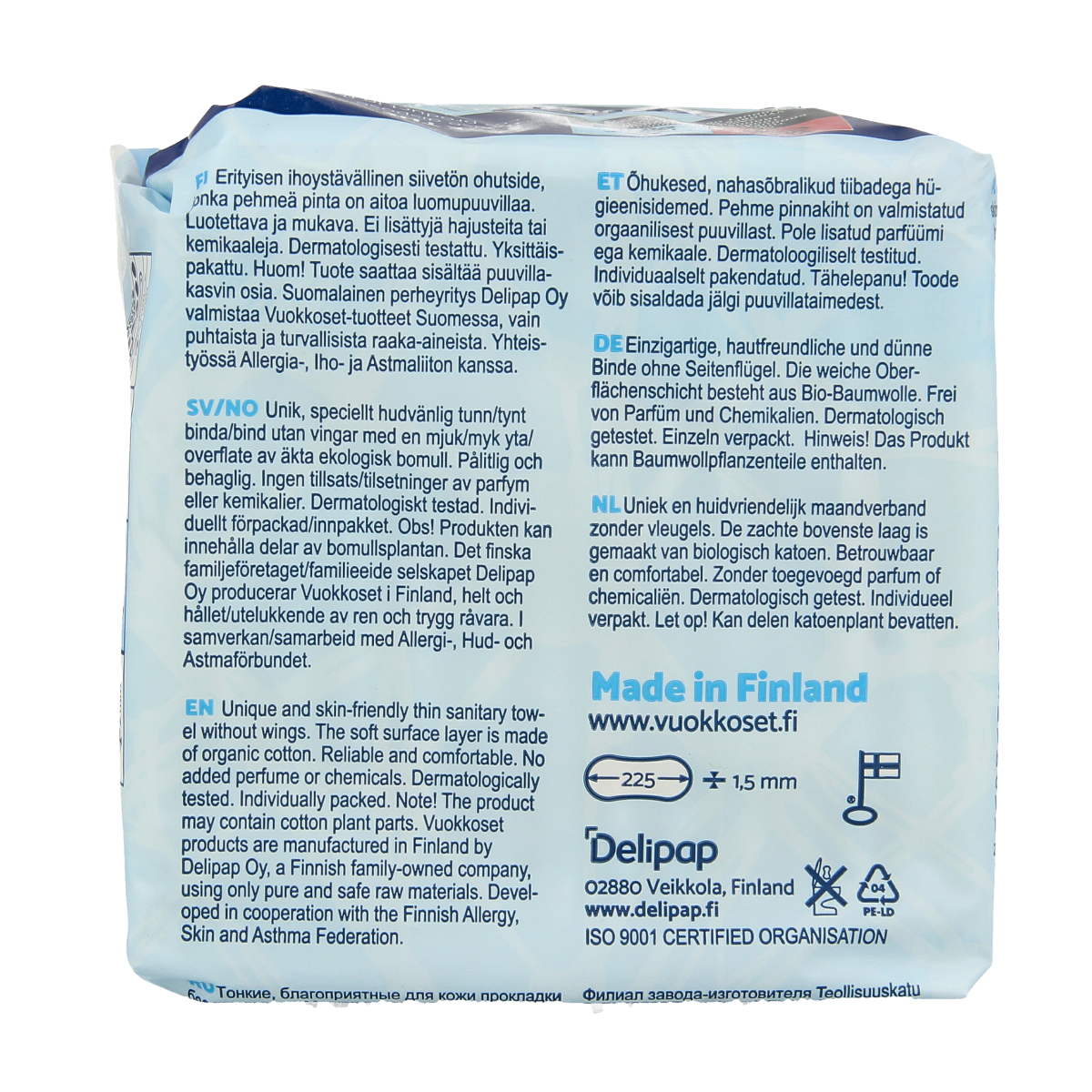 Vuokkoset organic cotton menstrual pads and tampons pack, 14 pieces, soft and comfortable for women’s hygiene.