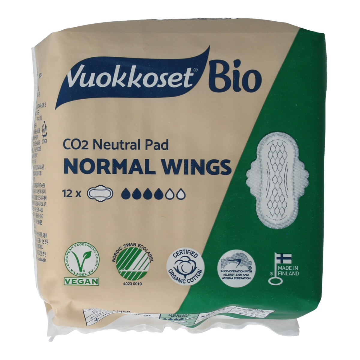 Vuokkoset Bio Maandverband normal wings, pack of 12, feminine hygiene pads with wings for women, designed for comfort and protection.