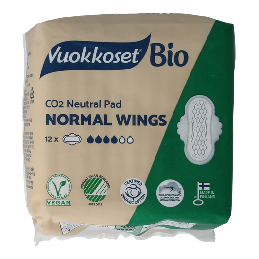 Vuokkoset Bio Maandverband normal wings, pack of 12, feminine hygiene pads with wings for women, designed for comfort and protection.