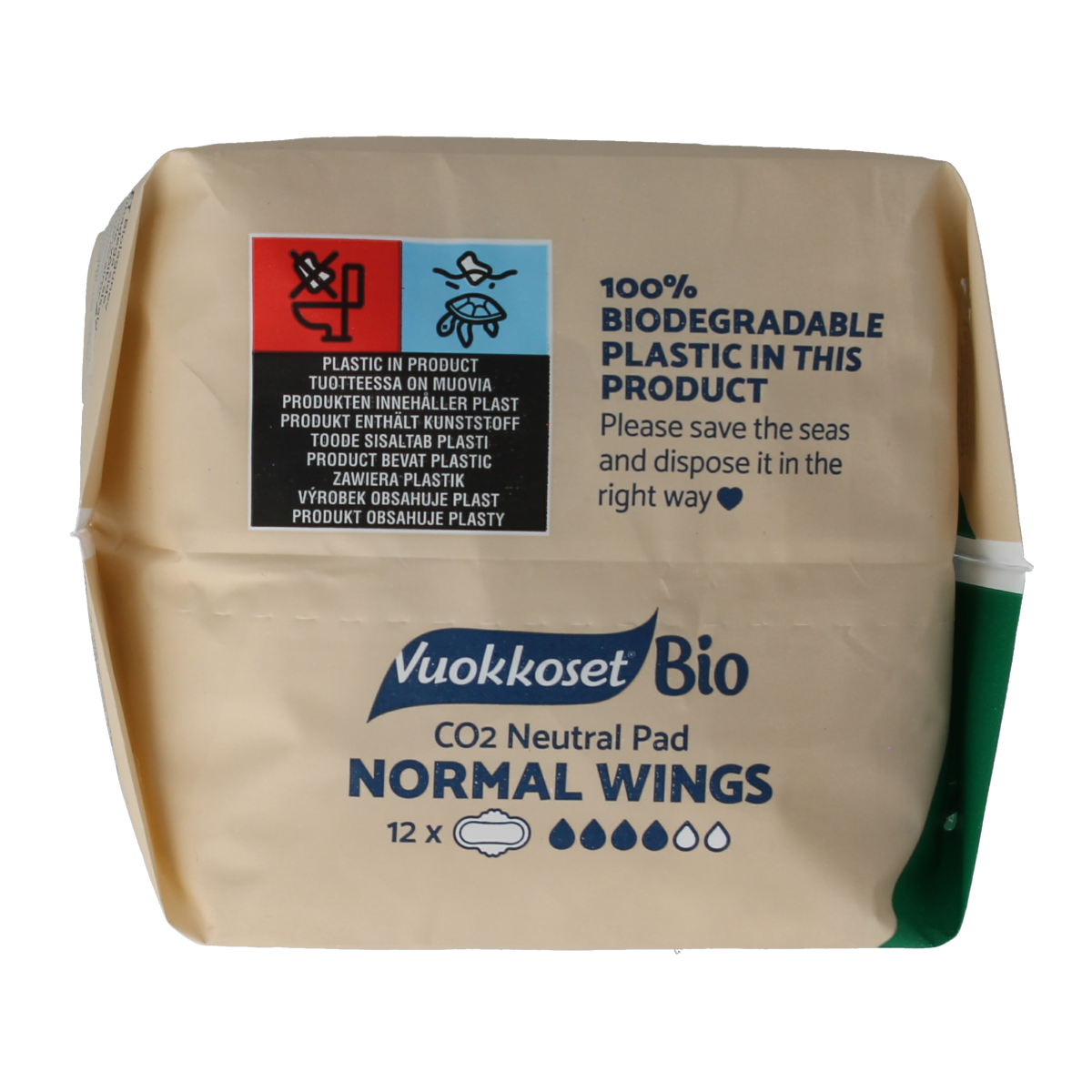 Vuokkoset Bio Maandverband normal wings, 12-pack of feminine menstrual pads with wings, designed for comfort and protection.