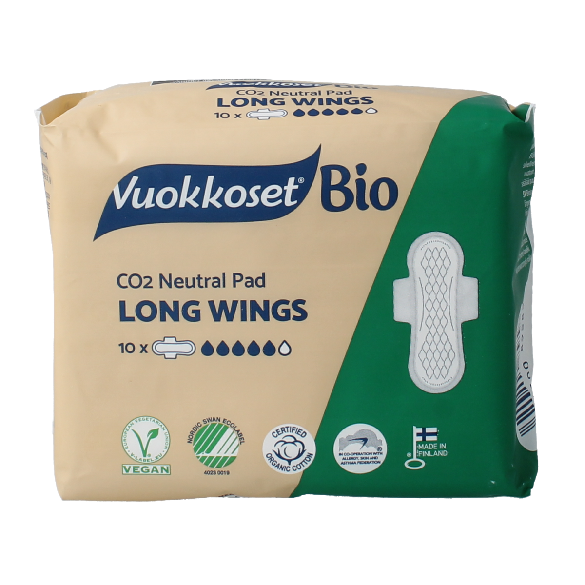 Vuokkoset long wings menstrual pad for women, pack of 10, with long wings for secure fit and comfort during periods.