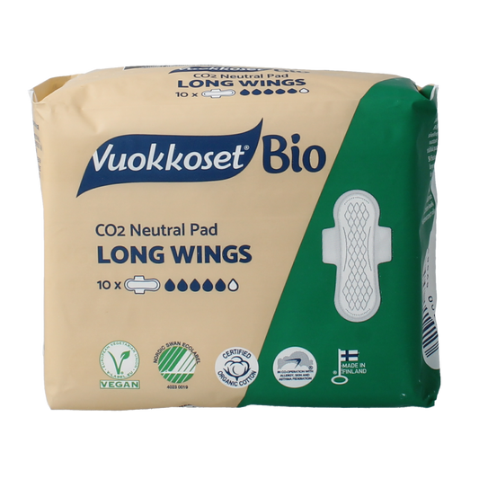 Vuokkoset long wings menstrual pad for women, pack of 10, with long wings for secure fit and comfort during periods.