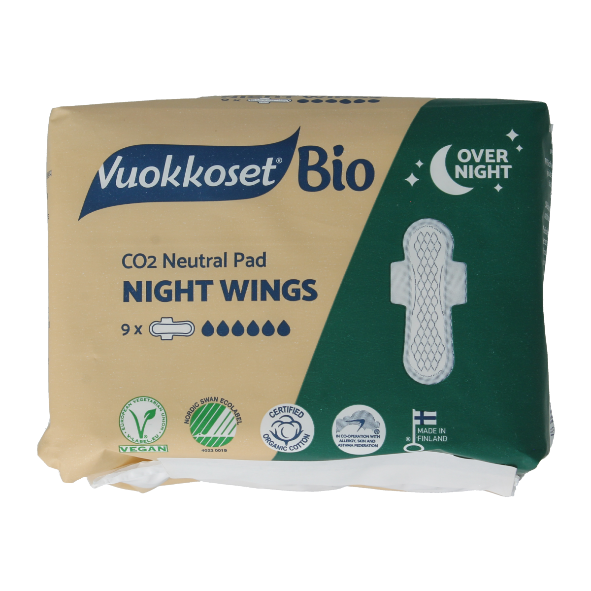 Vuokkoset Bio Maandverband night wing for women, pack of 9, soft absorbent menstrual pads with wings for overnight comfort