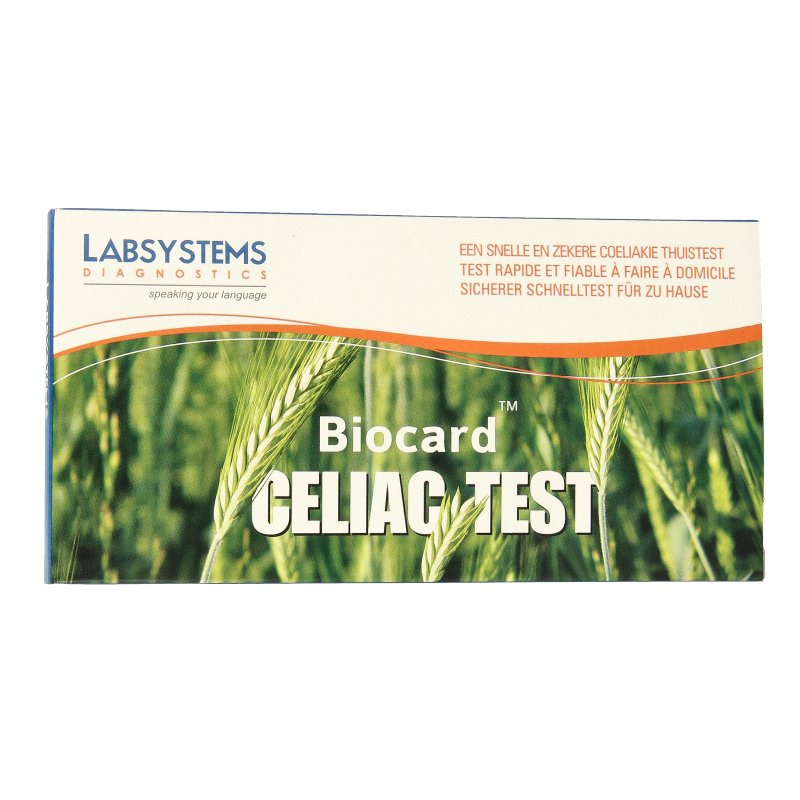 Biocard Coeliakie gluten overgevoeligheid zelftest met testset voor snel gebruik en resultaat.