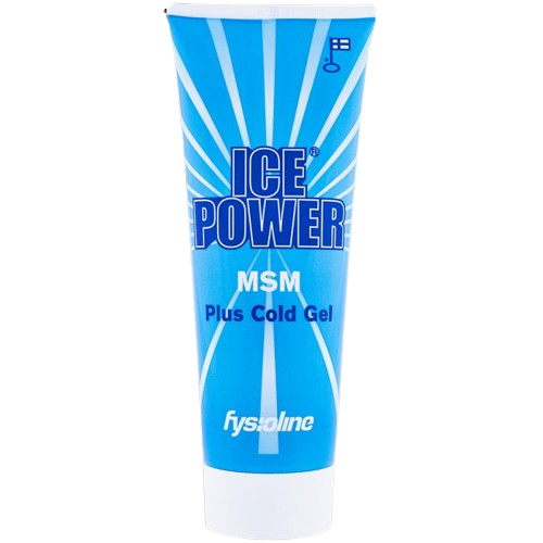 Ice Power Cold gel MSM 200ml container for muscle and joint pain relief, featuring the product packaging and label.