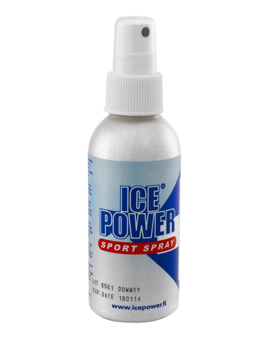 Ice Power Sport spray bottle for muscle and joint pain relief, 125 ml, with a white and blue label and spray nozzle.