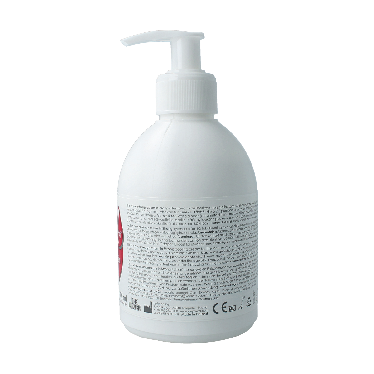 Ice Power Magnesium + MSM body cream in 300ml pump bottle, soothing skincare product for muscle relaxation and skin nourishment.