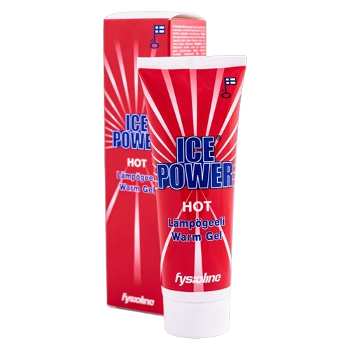 Ice Power Hot Power Gel 75ml for muscle and joint pain relief, showing the gel tube with branding and product details.