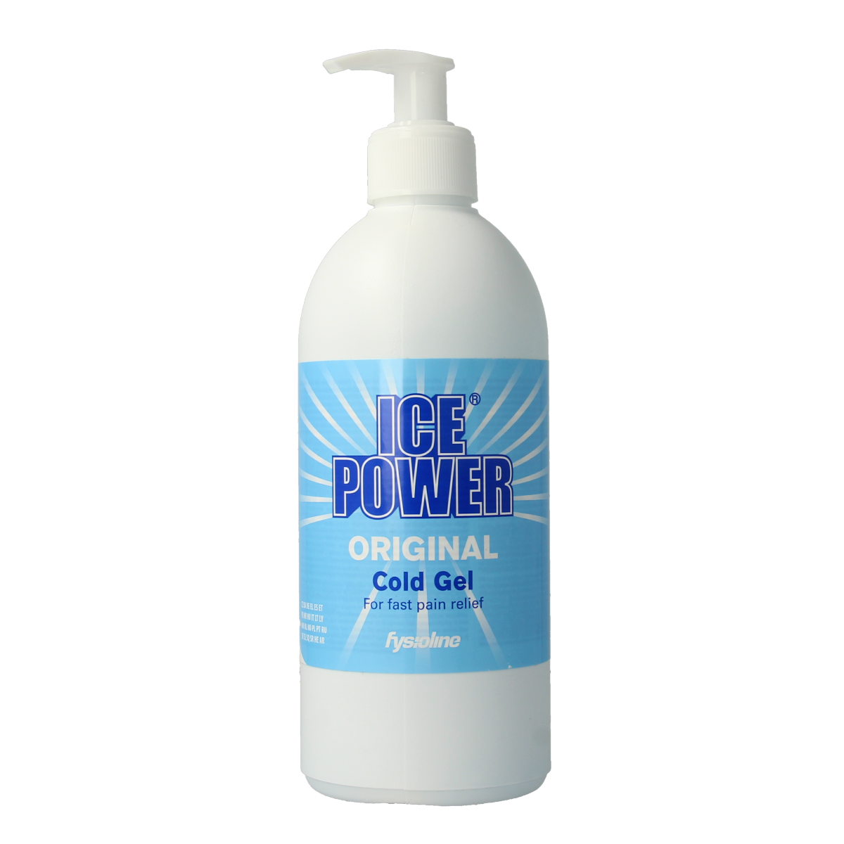 Ice Power Cold gel flacon with pump, 400ml, for muscle and joint pain relief, featuring a blue gel inside a clear bottle.