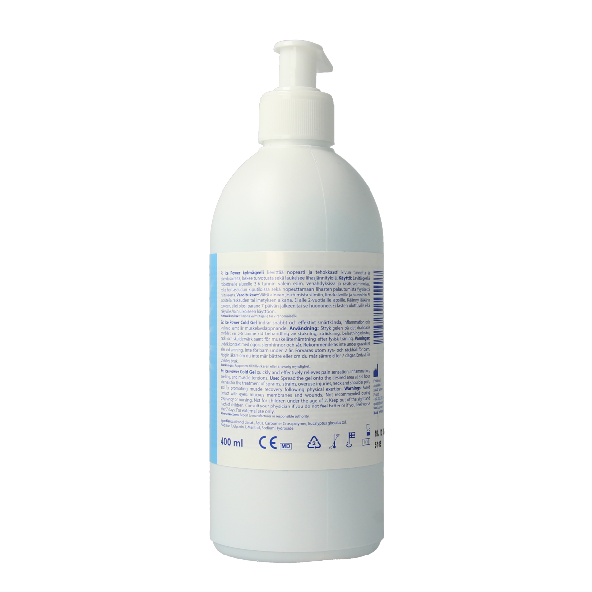 Ice Power Cold gel flacon with pump, 400ml, for muscle and joint pain relief, in a clear plastic bottle with label.