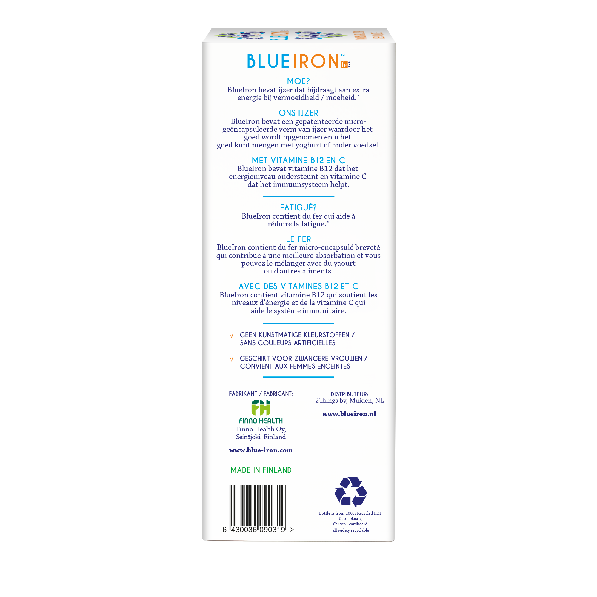Blueiron Vloeibaar ijzer mineralen supplement in 330ml bottle, natural liquid iron for daily health support.