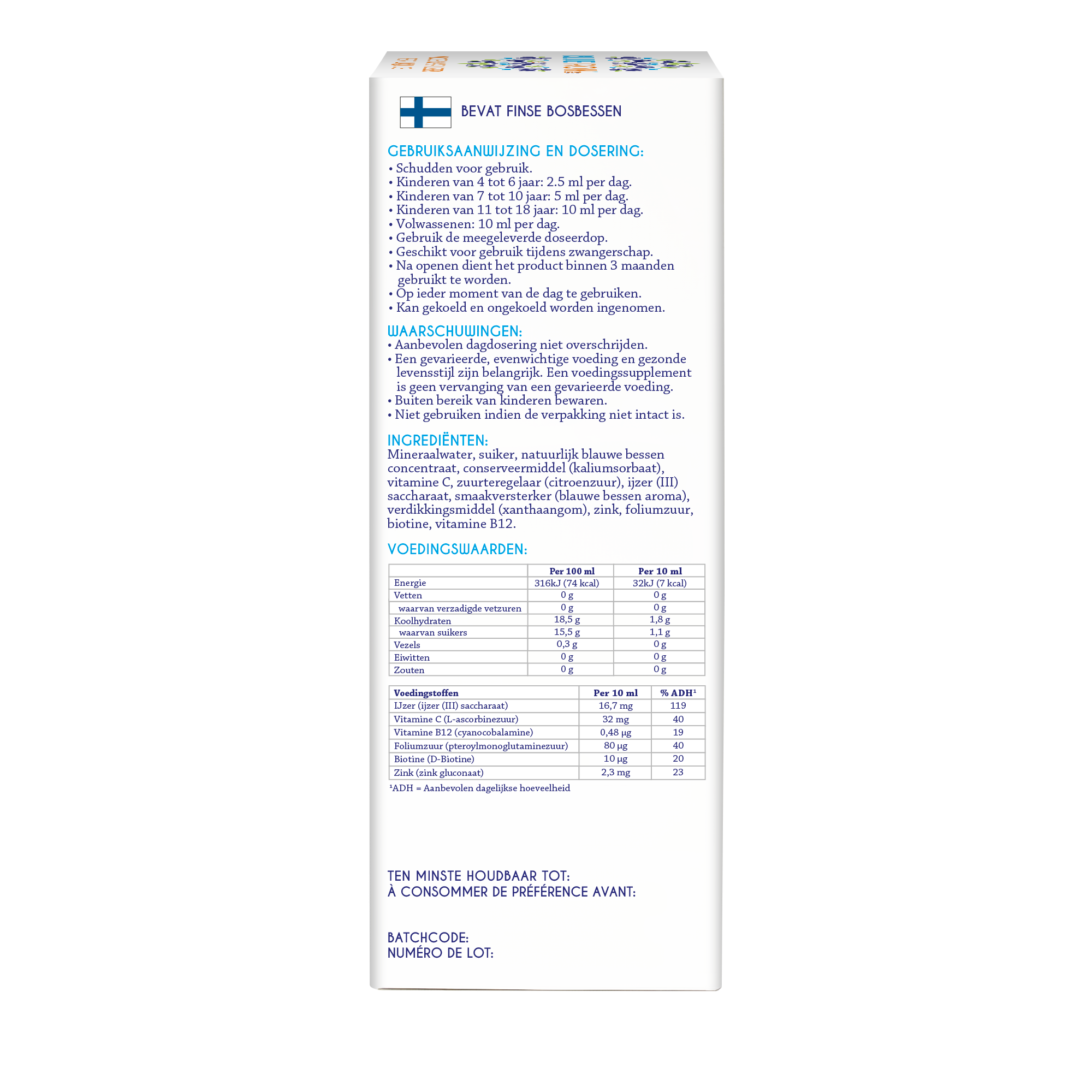 Blueiron Vloeibaar ijzer mineralen supplement in 330ml bottle, natural iron supplement from Blueiron with a blue label.