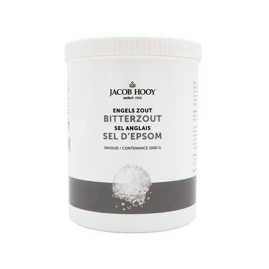 Jacob Hooy mineralen enkel bitterzout or Engelszout in a 1kg package, showing the mineral salt product.