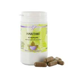 Holisan Haritaki vegetarian capsules in a bottle, showcasing the herbal supplement product from Holisan.