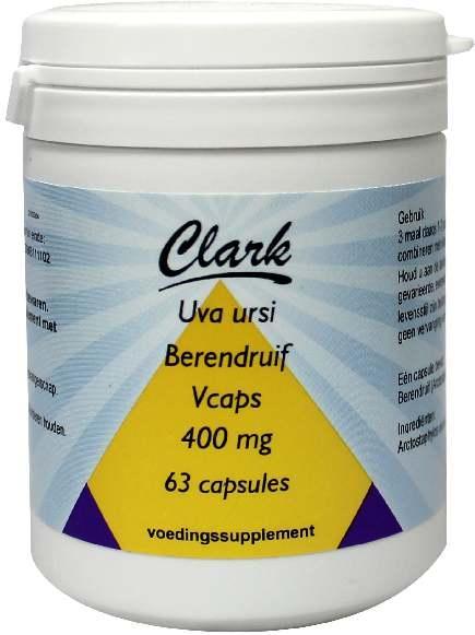 Clark Uva Ursi 400mg herbal capsules in a bottle, vegetarian supplement for urinary health, displayed against a neutral background.