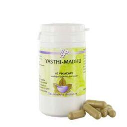 Holisan Yasthi Madhu herbal capsules in a bottle, part of Kruidenpreparaten by Holisan, shown alongside the product packaging.
