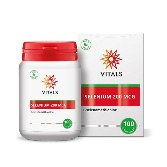 Vital Selenium 200 mcg capsules by Vitals, mineral supplement bottle with 100 capsules on a white background.