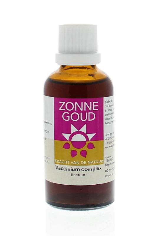 Zonnegoud Vaccinium complex herbal supplement in a 50ml bottle, featuring a label with herbal ingredients and branding.