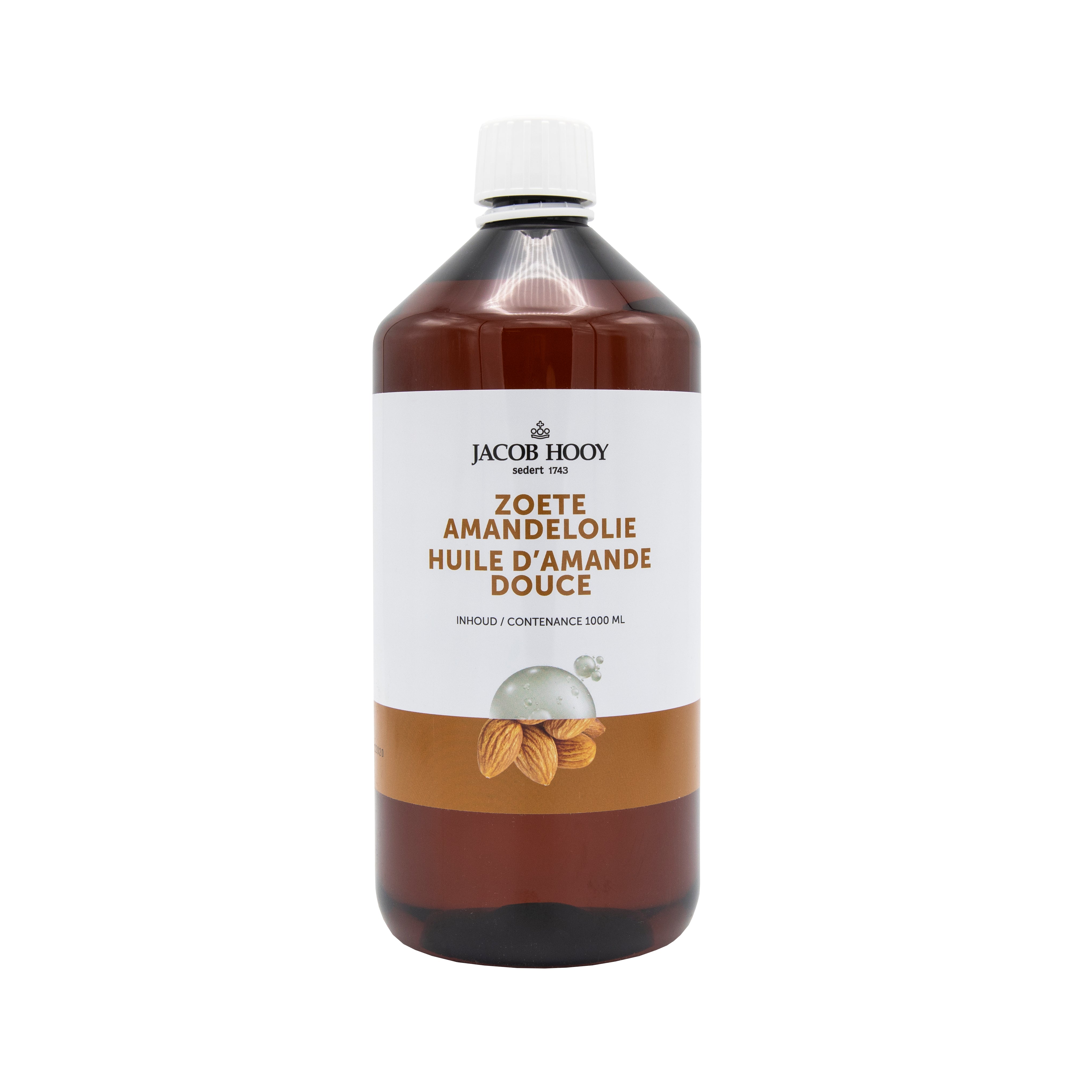 Jacob Hooy Amandelolie zoet 1 liter, natural sweet almond oil for body care, shown in a clear bottle with a white cap.
