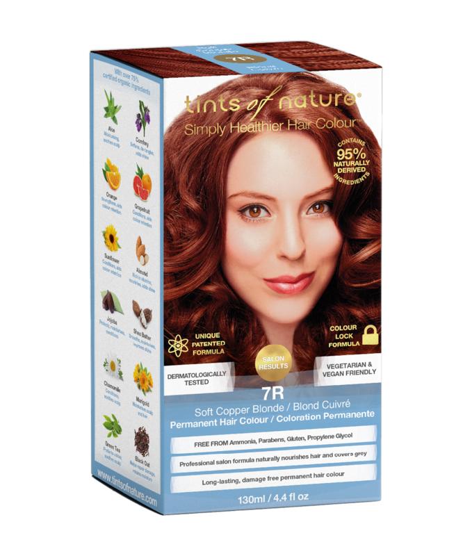 Tints Of Nature 7R koperblond hair coloring set, natural hair dye kit with shades of copper blonde, for vibrant hair color.