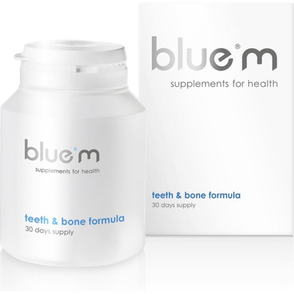 Bluem Teeth & Bone Formula capsules in a bottle, dietary supplement for dental and bone health, 90 capsules.