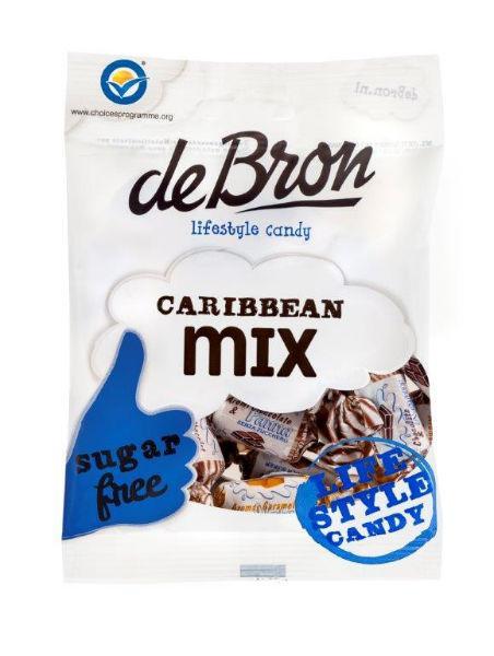 De Bron Caribbean mix suikervrij snoepgoed in 90g package, colorful assortment of sugar-free candies on a white background.