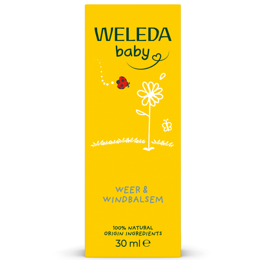 Weleda Calendula baby weer en wind balsem in 30ml container, suitable for gentle skin care for infants and toddlers.