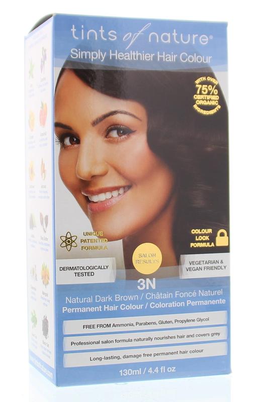 Tints Of Nature 3N donkerbruin hair coloring set with natural hair dye bottles and applicator tools for hair coloring.