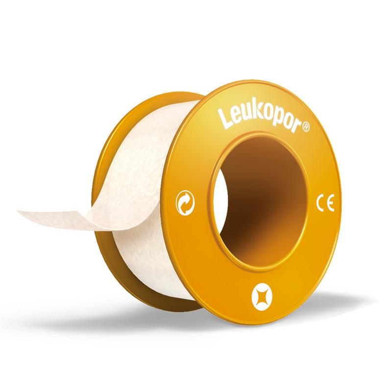 Leukopor brand adhesive bandage, 5m x 1.25cm, in a single strip, suitable for wound dressing and skin protection.