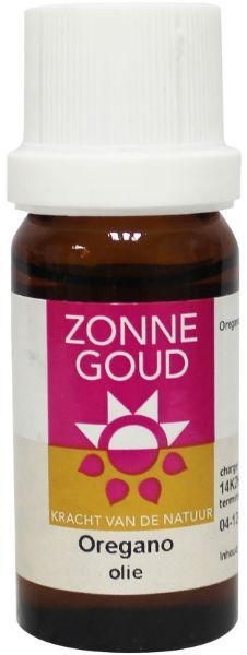 Zonnegoud oregano essential oil in a 10ml amber glass bottle, with dropper cap, used for aromatherapy and natural remedies.