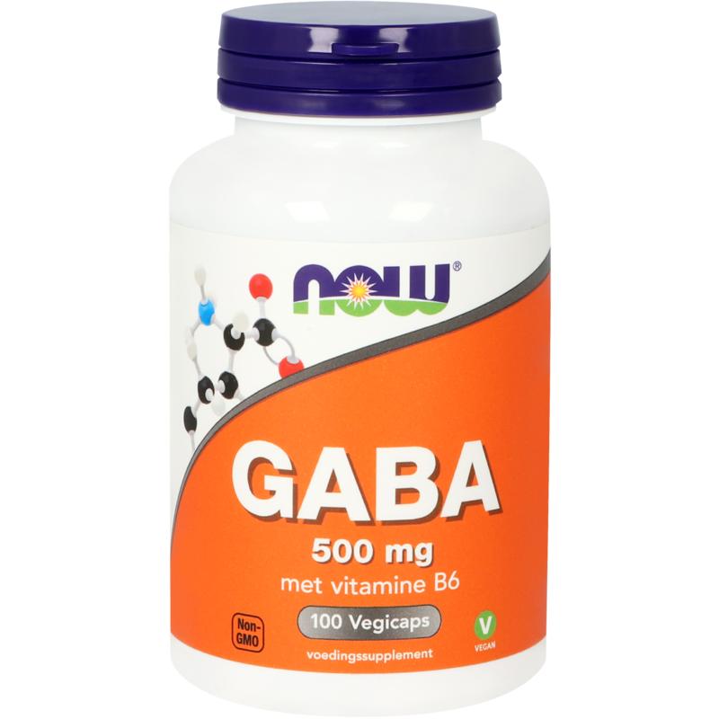 Vegetarian NOW GABA 500mg amino acid capsules, 100 count, shown in bottle with label.