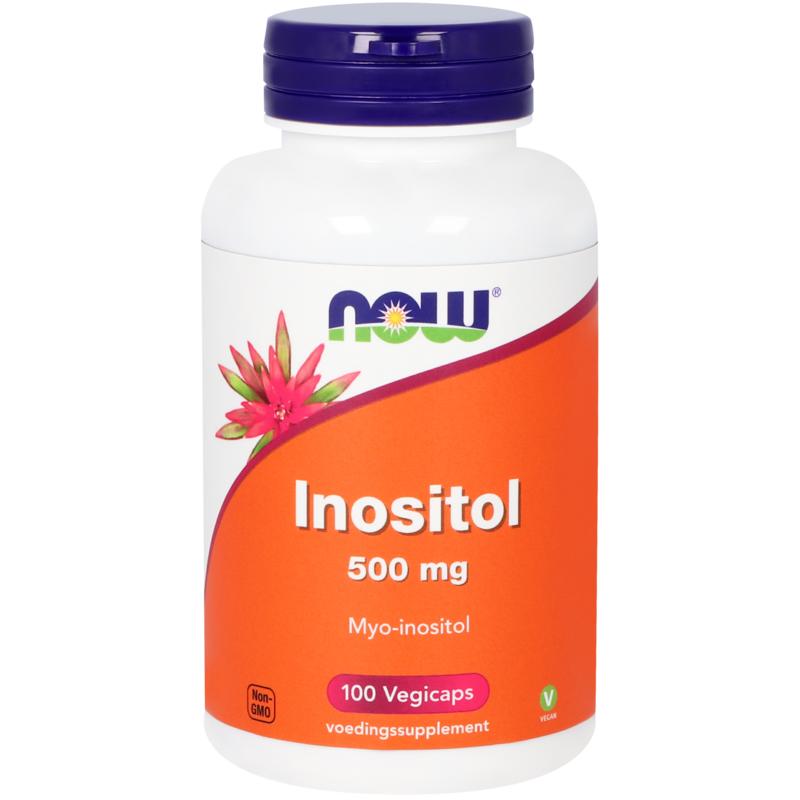 NOW Inositol 500mg vitamin capsules, 100-count bottle, showing the supplement bottle with capsules inside.