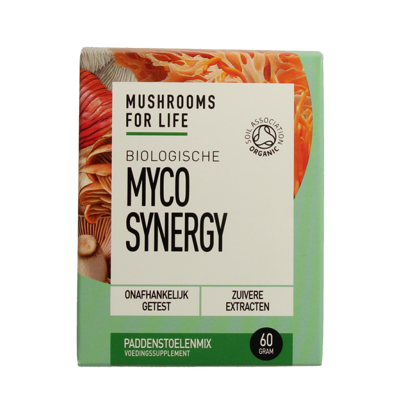 Organic Mushrooms for Life Myco Synergy powder in a 60g package, featuring a blend of herbal mushroom supplements.