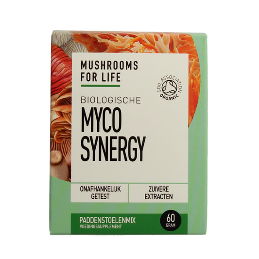 Organic Mushrooms for Life Myco Synergy powder in a 60g package, featuring a blend of herbal mushroom supplements.