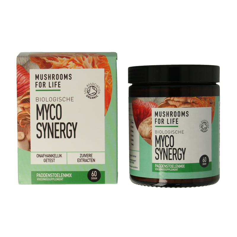 Organic Mushrooms for Life Myco Synergy powder in a 60g package, herbal supplement for immune support and overall wellness.