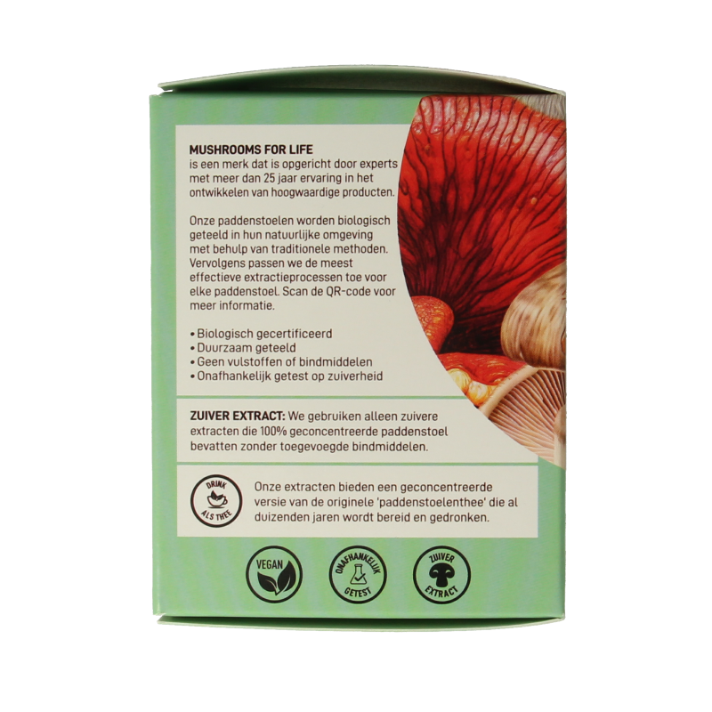Mushrooms for Life Myco Synergy bio powder in 60g jar, herbal supplement with dried mushroom ingredients for wellness.
